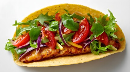 Colorful Taco Filled with Fresh Vegetables and Grilled Chicken on a White Background