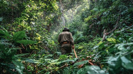 Jungle explorer carefully making their way through dense underbrush using a machete to clear a path in wild tropical forest
