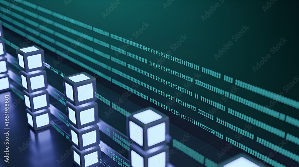Aufkleber digital data storage with glowing cubes and binary code lines illustration