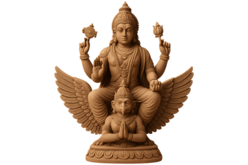 Vishnu and garuda statue with intricate carving isolated on transparent background