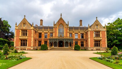 Grand, brick mansion with symmetrical design, ornate detailing, and manicured gardens