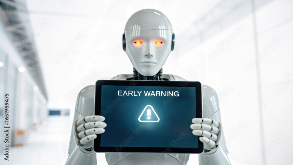 Poster venture capital ai a robot displays an early warning message on a tablet in a futuristic setting.