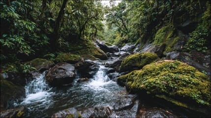 Obraz premium Jungle waterfall rushing over dark volcanic rocks, surrounded by vibrant green moss and tropical foliage