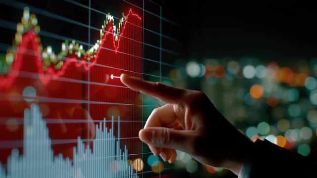 Financial chart and graph showing wage pressure with hand pointing at rising economic data on digital screen for business analysis - Powered by Adobe