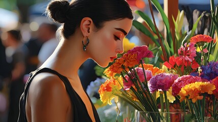 Beautiful Young Woman Admiring Colorful Flowers at Outdoor Market in Summer Light