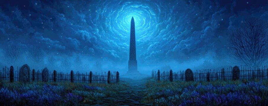 Bone fence under the spiral pillar concept. Eerie night scene with a tall monument and misty graveyard.