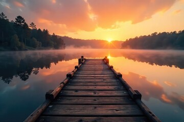 Fototapeta premium Serene Rustic Hunting Dock at Sunrise Calm Water, Peaceful Retreat for Early Morning or Evening Hunts