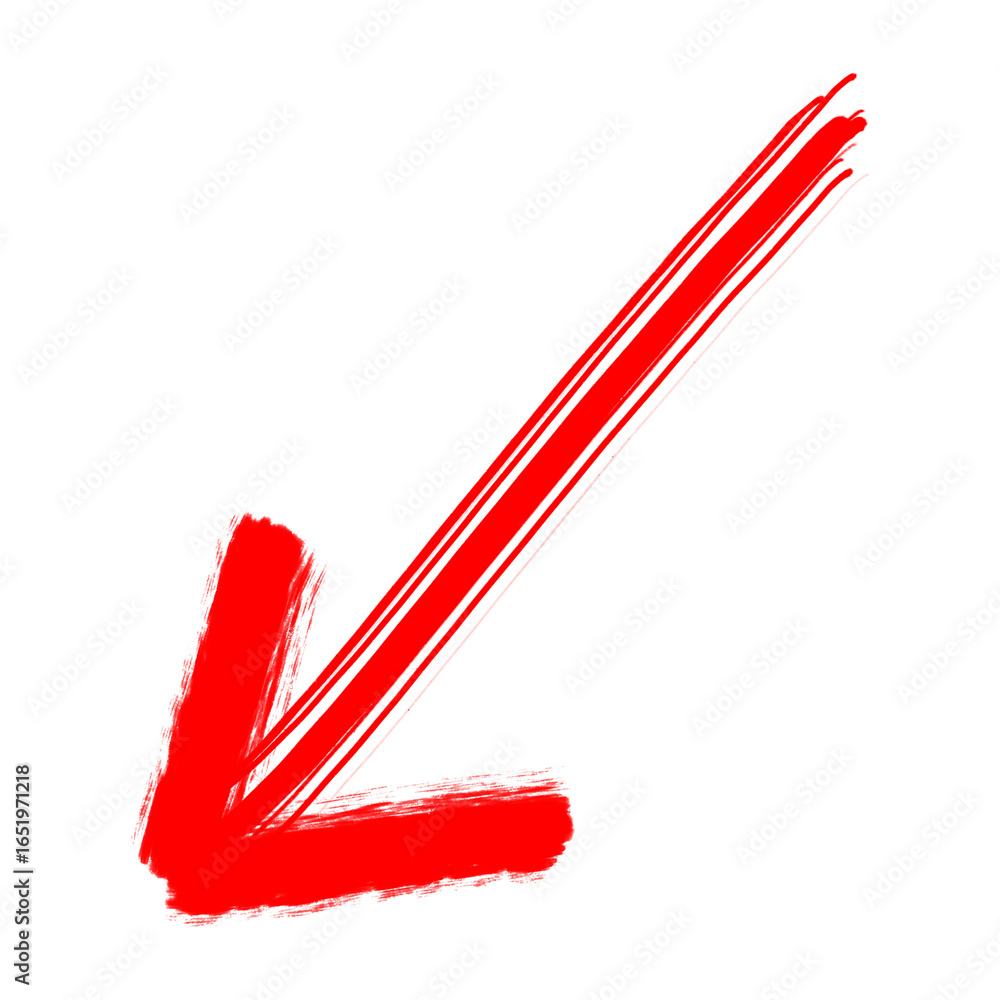 Poster hand drawn red arrow pointing downward on transparent background representing decline, decrease, and