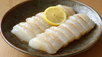 Fresh Sliced Sashimi with Lemon on Ceramic Plate