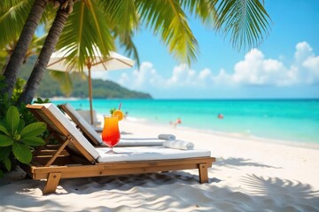Relaxing beach scene with vibrant cocktails, sun loungers, and tropical foliage, perfect for summer vacation themes The ideal image for travel, leisure, and hospitality marketing , sky, travel, sea