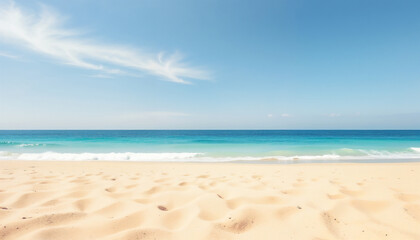 Sunny Tropical Beach with Golden Sand and Blue Ocean Waves under Clear Sky