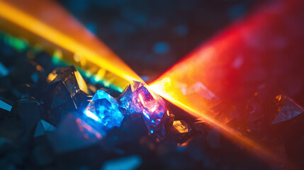Close-up of laser light refracting through crystal, creating multiple rainbow colors with intense glowing illumination
