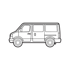 Delivery Van Side View Outline Drawing for Kids Coloring Page, Commercial Cargo Vehicle Vector Illustration.
