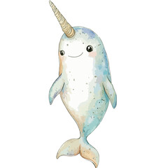 Cute Watercolor Narwhal with a Friendly Expression © aang