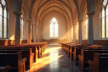 Fototapeta premium Serene interior of a church, bathed in soft light, focusing on a quiet prayer area Perfect for themes of peace, faith, spirituality, and contemplation , belief, light