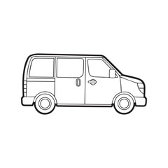 Delivery Van Side View Outline Drawing for Kids Coloring Page, Commercial Cargo Vehicle Vector Illustration.
