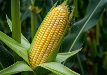 A close up shot of a vibrant yellow corn cob surrounded by green leaves in a field during daytime