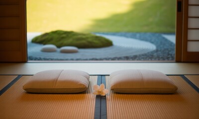 Fototapeta premium Tranquil zen garden room with cushions
