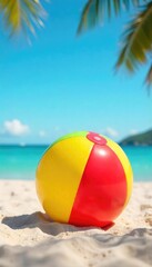 Bright Beach Ball Ready for Summer Fun Vibrant Promotional Item on Sunny Beach Perfect for Advertising Summer Products, Events, or Entertainment Campaigns