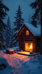 Fototapeta premium Cozy scene of a rustic cabin bathed in the warm glow of a fireplace, snow falling gently outside, evoking a classic Canadian winter night , cabin, countryside, serene