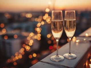 Two champagne glasses on a rooftop ledge at dusk, celebrating life with city lights and golden glow