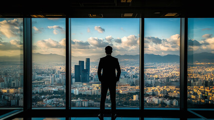 Plakat Corporate executive standing confidently in front of large window overlooking sprawling city symbolizing leadership and business success