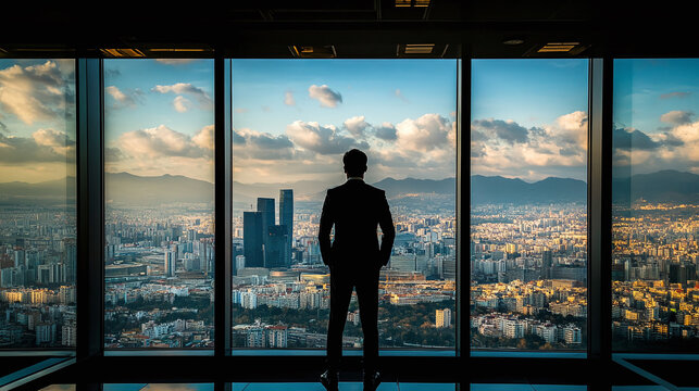 Corporate executive standing confidently in front of large window overlooking sprawling city symbolizing leadership and business success - Powered by Adobe