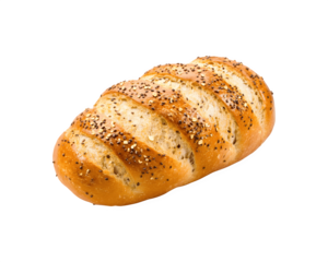 A freshly baked loaf of bread with a golden crust and sesame seed topping