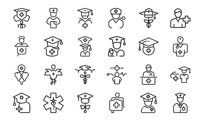 Fototapeta premium 24 Medical and Healthcare Line Icons Hospital, Doctor, Patient Care, Emergency, Surgery, Pharmacy, Vaccination, Telemedicine, First Aid, and Medical Equipment Vector Icon Bundle