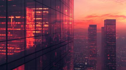 Corporate skyscraper at dusk with glowing windows reflecting city lights symbolizing business pulse in urban setting and vibrant skyline