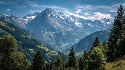 Obraz premium Majestic view of the Swiss Alps with snow-capped peaks towering above lush green valleys under a clear blue sky