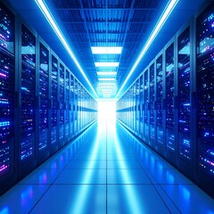 Fototapeta premium Long, bright blue-lit corridor of server racks