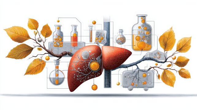 Medical diagram focusing on the liver role in metabolism and detoxification processes