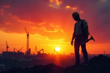 Fototapeta premium A striking silhouette of a worker against a vibrant sunset, symbolizing hard work, dedication, and the pursuit of goals Ideal for themes of career, industry, and ambition , energy, silhouette