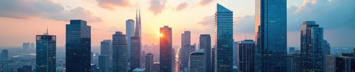 Modern Glass Office Towers Reflecting City Energy in Downtown Skyline, Ideal for Corporate Real Estate and City Life Stock Photography