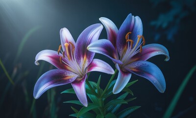 Fototapeta premium Two vibrant purple and white lilies bathed in soft light