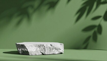 Stone product display podium with shadows on green background. 3D rendering.