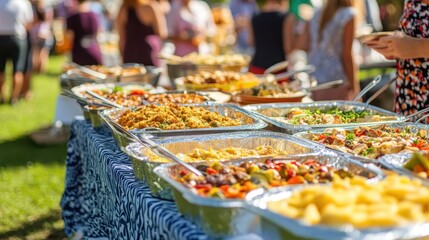 Vibrant Outdoor Buffet Spread with Diverse Dishes and Guests Enjoying