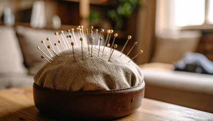 Vintage Wooden Pincushion with Pins