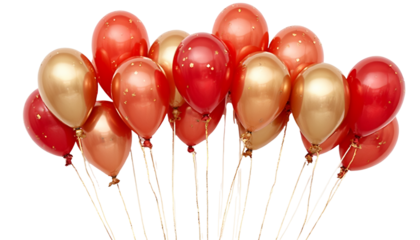 Red Balloons with Gold Confetti and Ribbons Isolated on White Background