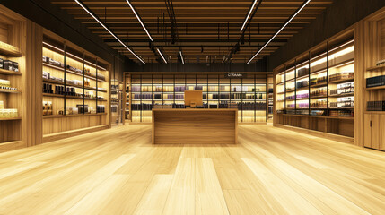 A modern, minimalist interior design with wooden floors and shelves, featuring a clean and organized layout.