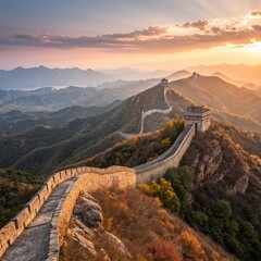The Great Wall of China at sunrise – winding across mountains, golden morning light.
