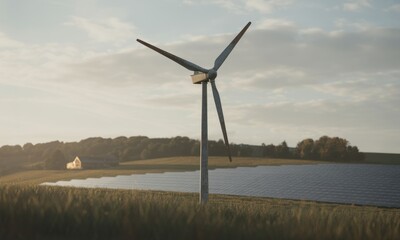 Wind turbine and solar panels in a rural landscape at sunset