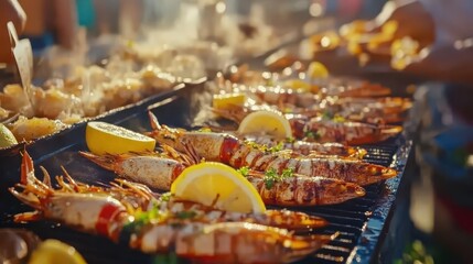 Grilled Seafood with Fresh Lemon and Herbs on Outdoor Barbecue Grill