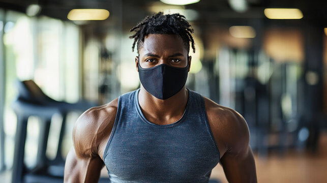 A muscular man in a gym, wearing a black face mask, standing in front of a treadmill and a mirror. - Powered by Adobe