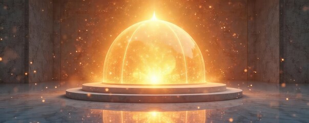 Serene, ethereal dome structure bathed in soft, golden light; symbolic of spiritual awakening and inner peace Perfect for meditation, yoga, and mindfulness themes , sacred geometry, universe
