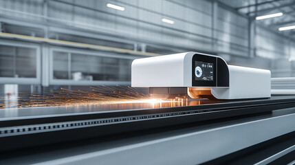 Futuristic laser cutting machine at work with precise beams slicing metal and sparks flying in high tech workshop
