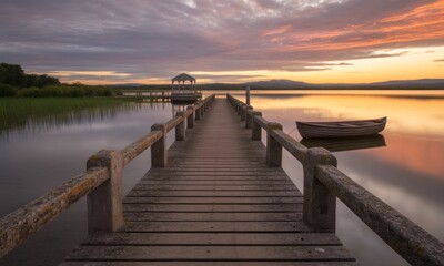 Wooden pier leading to tranquil lake at sunrise