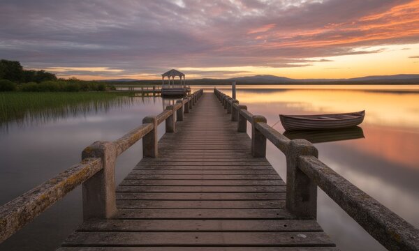 Wooden pier leading to tranquil lake at sunrise