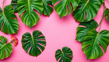 Obraz premium Tropical Green Leaves Framing Soft Pink